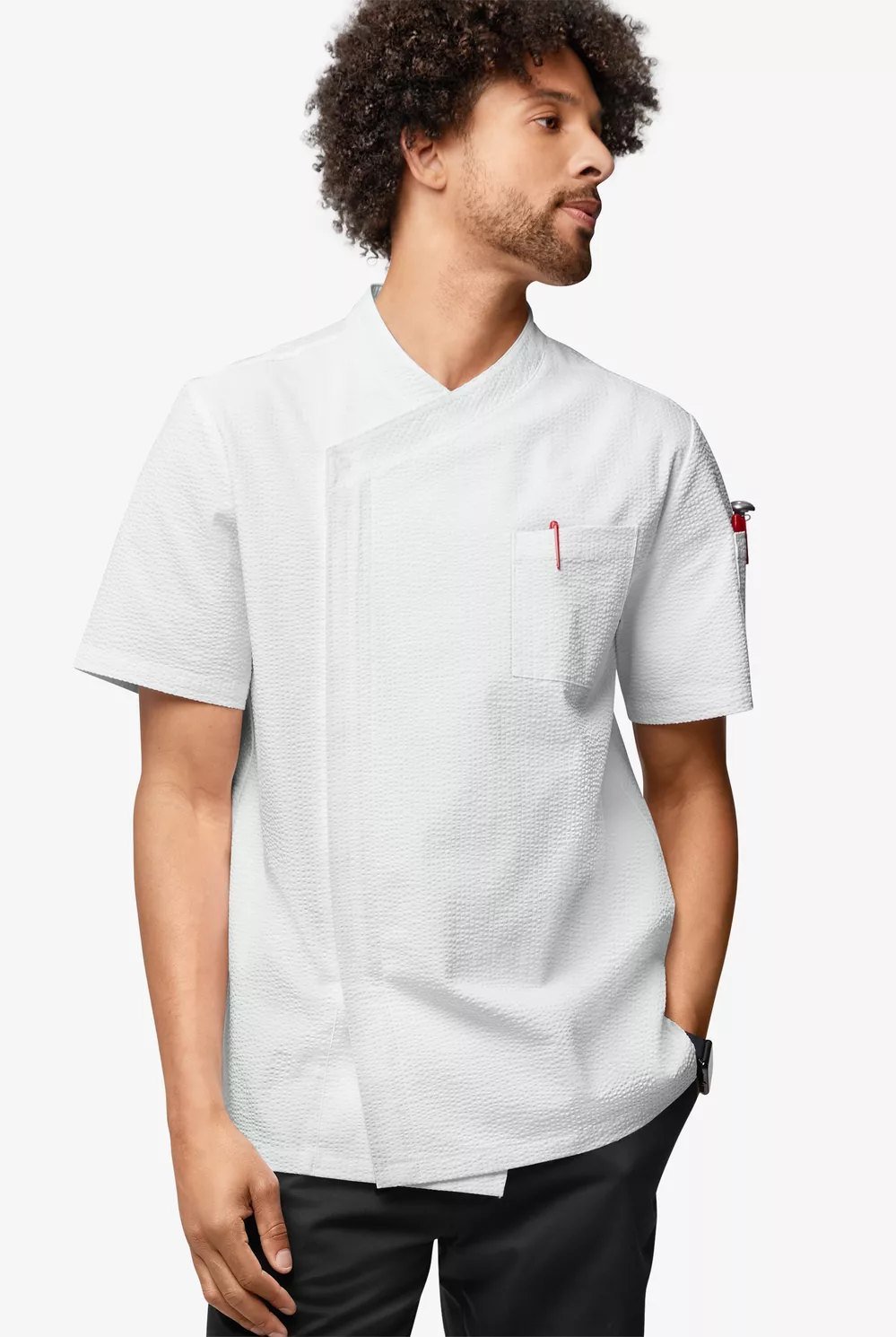 Chaqueta cruzada de seersucker elástico de manga corta para hombre