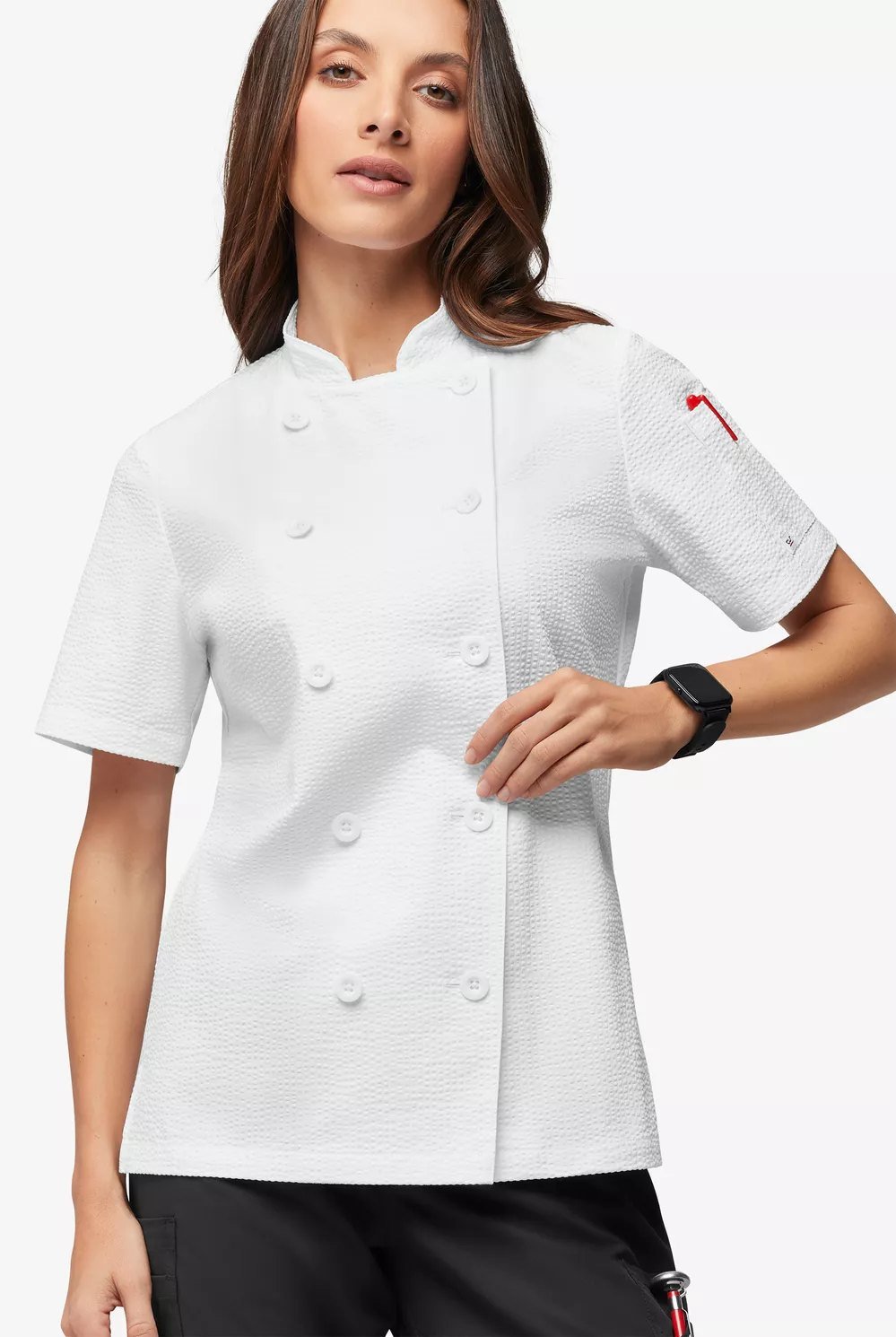 Chaqueta convertible de seersucker elástico de manga corta para mujer