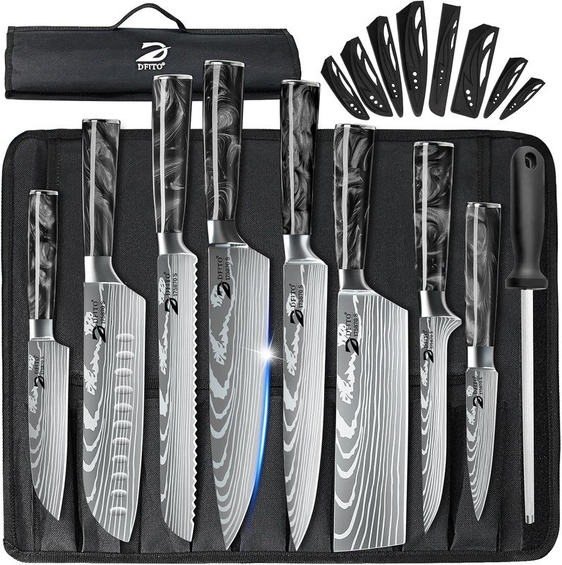 Juego de 9 cuchillos Dfito con estuche, mango pakkawood rojo